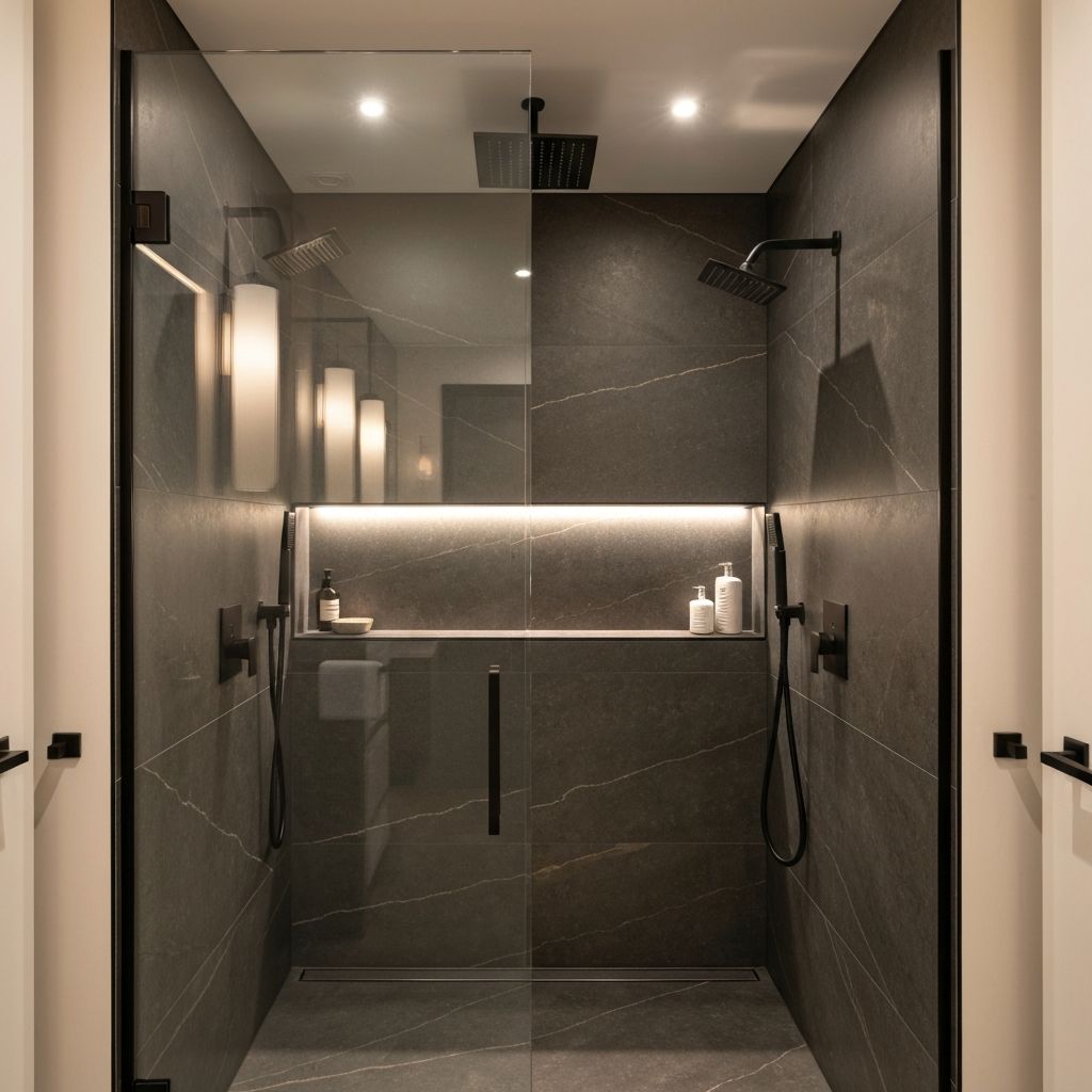 Nowoczesny prysznic walk-in z dużymi płytkami